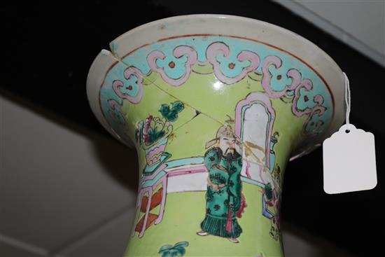 Two large 19th century Chinese famille rose vases and a sang-de-boeuf vase, H 32-58cm (3, all damaged)